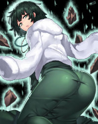 Rule 34 | 1girl, ass, bad id, bad pixiv id, black hair, dress, from behind, fubuki (one-punch man), green eyes, highres, jacket, jacket on shoulders, jewelry, jjune, looking back, necklace, one-punch man, pantylines, rock, short hair, solo
