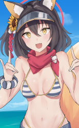 Rule 34 | 1girl, absurdres, animal ear fluff, animal ears, bandana, bare shoulders, bikini, blue archive, breasts, breasts apart, brown hair, cloud, fang, flower, fox ears, fox girl, fox shadow puppet, fox tail, groin, hair flower, hair ornament, halo, hands up, highres, horizon, izuna (blue archive), izuna (swimsuit) (blue archive), looking at viewer, medium hair, navel, nyakonro (nekonro), open mouth, outdoors, scrunchie, side ponytail, small breasts, smile, solo, striped bikini, striped clothes, sunflower, swimsuit, tail, upper body, visor cap, water, wet, wrist scrunchie, yellow eyes