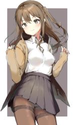 Rule 34 | ..., 1girl, black skirt, blush, breasts, brown eyes, brown hair, brown jacket, brown pantyhose, brown ribbon, closed mouth, collared shirt, cowboy shot, girls&#039; frontline, grey background, hair ribbon, head tilt, highres, jacket, k2 (girls&#039; frontline), long hair, looking at viewer, medium breasts, nather, open clothes, open jacket, pantyhose, pleated skirt, ribbon, shirt, shirt tucked in, simple background, sketch, skirt, sleeves past wrists, smile, solo, standing, tareme, thighband pantyhose, wing collar