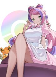 Rule 34 | 1girl, apron, closed mouth, commentary request, cosplay, creatures (company), crossed legs, falken (yutozin), game freak, green eyes, highres, joy (pokemon), joy (pokemon) (cosplay), legs, long hair, looking at viewer, miriam (pokemon), multicolored hair, nintendo, pawmi, pink hair, pokemon, pokemon (anime), pokemon (classic anime), pokemon (creature), pokemon sv, puffy short sleeves, puffy sleeves, purple hair, short sleeves, sitting, smile, solo, two-tone hair, white apron, white background