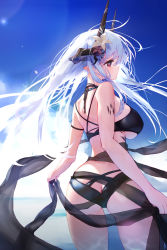 Rule 34 | 1girl, absurdres, arknights, ass, black sarong, blue sky, breasts, commentary, cowboy shot, demon horns, flower, grey hair, hair flower, hair ornament, highres, horns, large breasts, lens flare, long hair, looking to the side, material growth, mudrock (arknights), mudrock (silent night) (arknights), official alternate costume, oripathy lesion (arknights), outdoors, pointy ears, red eyes, red flower, sarong, sky, solo, standing, tai (e3d1p), underboob, yellow flower