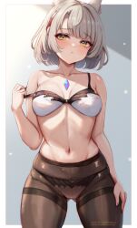 Rule 34 | 1girl, animal ears, armpit crease, artist name, bare arms, bare shoulders, black pantyhose, bra, braid, breasts, cat ears, chest jewel, closed mouth, collarbone, commentary, core crystal (xenoblade), grey hair, highres, leonmandala, looking at viewer, medium breasts, mio (xenoblade), navel, panties, panties under pantyhose, pantyhose, patreon username, pout, short hair, sidelighting, simple background, solo, stomach, strap pull, thighband pantyhose, underwear, white bra, xenoblade chronicles (series), xenoblade chronicles 3, yellow eyes