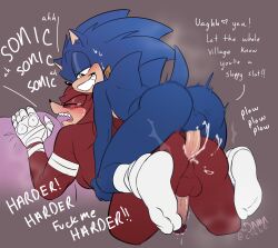 Rule 34 | 2boys, absurdres, anal, ass juice, blue eyes, blush, closed eyes, erection, green eyes, highres, knuckles the echidna, male penetrated, multiple boys, muscular, muscular male, penis, precum, red hair, sharp teeth, smaller dominant, smile, sonic (series), sonic the hedgehog, tail, tears, teeth, testicles, toodamncycle, yaoi