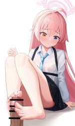 Rule 34 | 1girl, absurdres, artist request, barefoot, blue archive, blue eyes, blush, cum, ejaculation, feet, footjob, heterochromia, highres, hoshino (blue archive), long hair, pink hair, smile, soles, toes, yellow eyes