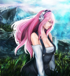 Rule 34 | 1girl, absurdres, bare shoulders, blush, breasts, cleavage, female focus, headphones, highres, large breasts, long hair, moonbo, nitroplus, overalls, pink eyes, pink hair, realistic, solo, super sonico