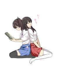 Rule 34 | :d, ^ ^, akagi (kancolle), back-to-back, bad id, bad pixiv id, between legs, black legwear, blue skirt, book, brown eyes, brown hair, closed eyes, from side, hand between legs, hip vent, holding, holding book, japanese clothes, kaga (kancolle), kantai collection, kimono, leaning forward, long hair, marimuu, no shoes, open book, open mouth, profile, reading, red skirt, seiza, short hair, short sleeves, side ponytail, simple background, sitting, skirt, sleeping, sleeping upright, smile, thighhighs, translation request, wariza, white background, white kimono, wide sleeves, zettai ryouiki