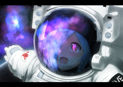 Rule 34 | .live, 1girl, :d, blue hair, commentary request, eye reflection, hair over one eye, highres, letterboxed, open mouth, planet, red eyes, reflection, smile, space, spacesuit, star (symbol), tipo (tipoplaza), virtual youtuber, yamato iori