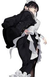 Rule 34 | 1girl, absurdres, apron, ass, back, back bow, bad id, bad pixiv id, black hair, bow, breasts, dress, frills, fur trim, grey eyes, highres, jacket, jacket on shoulders, long dress, long hair, long sleeves, looking back, maid, maid apron, maid headdress, medium breasts, naomasap, original, pantylines, side slit, simple background, solo, thighhighs, white background