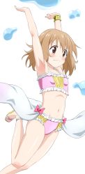 Rule 34 | &gt;:t, 10s, 1girl, :t, armpits, arms up, bare shoulders, bikini, blush, bow, bracelet, breasts, brown eyes, brown hair, collarbone, commentary request, frilled bikini, frills, hanami yuzuka, highres, jewelry, leg up, looking away, magic, mahou shoujo nante mou ii desukara., matching hair/eyes, messy hair, navel, no socks, pink bikini, pink bow, sandals, short hair, showgirl skirt, simple background, sincos, small breasts, solo, swimsuit, v-shaped eyebrows, water, wavy mouth, white background