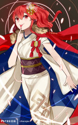 Rule 34 | 1girl, anna (fire emblem), artist name, blue cape, cape, chocojax, commentary, english commentary, finger to face, fire emblem, fire emblem heroes, fur-trimmed cape, fur trim, hair between eyes, hair ornament, highres, japanese clothes, kimono, long hair, mixed-language commentary, nintendo, obi, official alternate costume, patreon username, ponytail, red cape, red eyes, red hair, sash, side ponytail, smile, solo, tongue, tongue out, two-tone cape