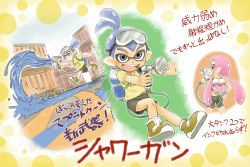 Rule 34 | 1boy, 1girl, bike shorts, blue eyes, blue hair, child, goggles, goggles on head, hand on own hip, hose, ink tank (splatoon), inkling, inkling boy, inkling girl, inkling player character, mitsui jun, nintendo, pink eyes, pink hair, pointy ears, ponytail, running, shipping container, shirt, shorts, sidelocks, smile, splatoon (series), splatoon 1, squid, t-shirt, tentacle hair, translation request