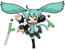 Rule 34 | &gt; &lt;, 1girl, akino coto, animal ears, aqua hair, cat ears, chibi, detached sleeves, closed eyes, fang, hatsune miku, headset, long hair, motion blur, necktie, open mouth, paw print, simple background, solo, spring onion, twintails, vocaloid