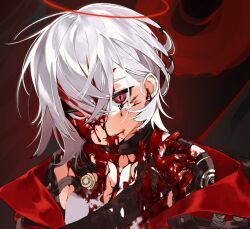 Rule 34 | 1boy, blood, blood on clothes, blood on face, cracked skin, crossed bangs, guro, hair between eyes, halo, ierotak, joshua (resonance solstice), looking at viewer, male focus, open clothes, red background, red eyes, resonance solstice, short hair, simple background, solo, upper body, white hair