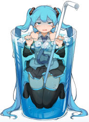 Rule 34 | 1girl, abmayo, aqua hair, aqua nails, bare shoulders, black skirt, black sleeves, blush, boots, cold, collared shirt, commentary, covered collarbone, detached sleeves, drinking straw, full body, glass, green skirt, hair ornament, hands up, hatsune miku, highres, ice, ice cube, long hair, long sleeves, looking at viewer, mini person, minigirl, nail polish, necktie, open mouth, partially submerged, pleated skirt, shaded face, shirt, skindentation, skirt, solo, thigh boots, thigh gap, thighhighs, trembling, twintails, very long hair, vocaloid, water