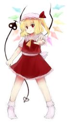 Rule 34 | 1girl, absurdres, ascot, bad id, bad pixiv id, blonde hair, bobby socks, embodiment of scarlet devil, female focus, flandre scarlet, hat, highres, laevatein, mika (moc828), official style, parody, pearl flower, red eyes, short hair, side ponytail, smile, socks, solo, standing, style parody, touhou, weapon, white socks, wings, zun (style)