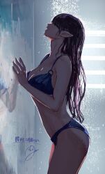 1girl ass bikini black_bikini black_hair breasts cleavage commentary_request commission from_side hair_over_eyes highres indoors large_breasts long_hair minyom nazuna_(mamonomoe) original pointy_ears reflection second-party_source shower_(place) showering signature skeb_commission solo standing swimsuit thighs translation_request wet