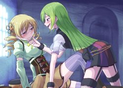 Rule 34 | 2girls, alina gray, arm warmers, blonde hair, blush, breasts, corset, drill hair, eye contact, female focus, fishnet thighhighs, fishnets, garter straps, green eyes, green hair, hair ornament, hand on another&#039;s face, indoors, large breasts, long hair, looking at another, magia record: mahou shoujo madoka magica gaiden, mahou shoujo madoka magica, multicolored clothes, multicolored skirt, multiple girls, open mouth, see-through, see-through sleeves, skirt, striped clothes, striped thighhighs, sweat, thighhighs, tomoe mami, touyu (yuruyuruto), twin drills, vertical-striped clothes, vertical-striped thighhighs, wristband, you gonna get raped, yuri