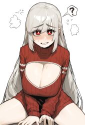 1girl ? blush breasts bright_pupils cleavage cleavage_cutout clenched_teeth clothing_cutout commentary english_commentary flying_sweatdrops furrowed_brow grey_hair hair_between_eyes head_steam highres huge_breasts long_hair long_sleeves looking_at_viewer original red_eyes red_sweater ribbed_sweater rusellunt simple_background sitting solo spoken_question_mark spread_legs sweat sweater teeth turtleneck turtleneck_sweater very_long_hair white_background white_pupils