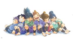 Rule 34 | 6+boys, ^ ^, aged down, arm guards, barefoot, black hair, brown hair, child, closed eyes, facing viewer, full body, grin, hand on another&#039;s shoulder, hands on own knees, happy, highres, indian style, japanese clothes, kema tomesaburou, knee up, knees up, laughing, leaning back, leaning on person, leaning to the side, lineup, male focus, mememe225, multiple boys, nakazaike chouji, nanamatsu koheita, open mouth, ponytail, rakudai ninja rantarou, shin guards, shioe monjirou, side-by-side, sitting, smile, tachibana senzou, white background, zenpouji isaku