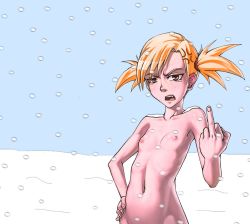 Rule 34 | 1girl, anger vein, angry, bleach, fang, flat chest, freckles, hand on own hip, middle finger, navel, nipples, nude, open mouth, out-of-frame censoring, outdoors, red hair, sarugaki hiyori, snow, solo, standing, tsundere, twintails, winter