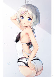 Rule 34 | .live, 1girl, :o, ahoge, antenna hair, arm up, armpits, ass, back, bare arms, bare shoulders, black ribbon, blush, breasts, casual one-piece swimsuit, cropped legs, from behind, gradient background, grey background, grey hair, hair ornament, hairclip, highres, looking at viewer, looking back, medium breasts, nijihashi sora, one-piece swimsuit, open mouth, parted bangs, ribbon, short hair, sideboob, simple background, dennou shoujo siro, solo, swimsuit, thighs, virtual youtuber, water drop, wet, white one-piece swimsuit