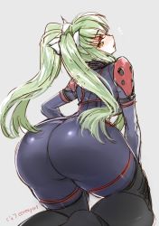 Rule 34 | 1girl, ass, black footwear, bodysuit, boots, c.c., code geass, code geass: boukoku no akito, cosplay, creayus, from behind, green hair, huge ass, leila malcal (cosplay), pilot suit, solo, thigh boots, thighhighs, twintails, yellow eyes
