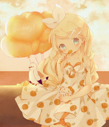 Rule 34 | 1girl, alternate hairstyle, artist name, bad hands, balloon, bird, blonde hair, bloomers, blue eyes, blush, bow, coco (hinatacoco), dress, food, hair bow, hair ornament, hairclip, halter dress, halterneck, hand up, heart balloon, highres, holding, holding food, holding ice cream, holding spoon, ice cream, kagamine rin, long hair, looking at viewer, orange print, orange theme, seagull, sleeveless, sleeveless dress, solo, spoon, tied dress, underwear, utensil in mouth, vocaloid