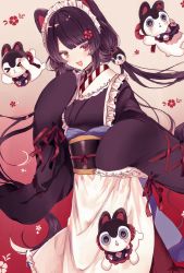 Rule 34 | 1girl, absurdres, animal ears, apron, bad id, bad twitter id, black collar, black hair, blush, collar, commentary, cowboy shot, dog, dog ears, fangs, flower, frills, furisode, gradient background, hair flower, hair ornament, heterochromia, highres, inui toko, japanese clothes, kimono, long hair, long sleeves, looking at viewer, maid, maid apron, maid headdress, nijisanji, obi, open mouth, red background, red eyes, sash, sleeves past fingers, sleeves past wrists, smile, solo, standing, very long hair, virtual youtuber, wa maid, wide sleeves, y o u k a, yellow eyes
