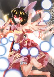 Rule 34 | 1girl, animal ears, bad id, bad pixiv id, barefoot, brown hair, carrot, danmaku, dress, feet, fingernails, foreshortening, glowing, glowing eyes, hallway, highres, imperishable night, inaba tewi, indoors, jewelry, leg up, looking at viewer, mo ne, motion blur, open mouth, outstretched hand, pendant, petticoat, puffy short sleeves, puffy sleeves, rabbit ears, red eyes, short sleeves, sliding doors, soles, solo, spell card, toenails, toes, touhou