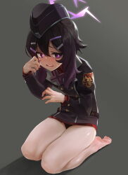 Rule 34 | 1girl, absurdres, barefoot, black hair, black jacket, black panties, blue archive, blush, commentary request, feet, full body, garrison cap, gradient hair, grey background, hair between eyes, hair ornament, hairclip, halo, haruka (blue archive), hat, highres, jacket, korean commentary, long sleeves, mo ne, multicolored hair, panties, purple eyes, purple hair, purple hat, short hair with long locks, simple background, sitting, solo, sweat, underwear
