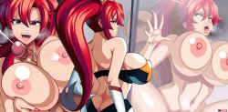Rule 34 | 1girl, against glass, armpits, arms up, ass, bare shoulders, blush, breasts, butt crack, covered erect nipples, erection, high ponytail, highres, huge breasts, long hair, nipples, nude, open mouth, paizuri, penis, ponytail, puffy nipples, red hair, sex, solo focus, standing, steve chopz, strapless top, sweat, tengen toppa gurren lagann, uncensored, yellow eyes, yoko littner