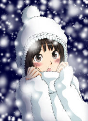 Rule 34 | 1girl, amagami, blush, brown eyes, brown hair, commentary request, fur-trimmed shirt, fur trim, hands up, keisuke (0320030103200301), long sleeves, open mouth, shirt, short hair, snowing, solo, tachibana miya, white headwear, white shirt, winter clothes