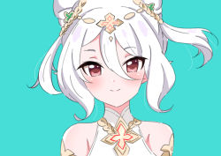 Rule 34 | 1girl, aqua background, blush, elf, green background, hair between eyes, hair ornament, kokkoro (ceremonial) (princess connect!), kokkoro (princess connect!), kuroha uma, looking at viewer, pointy ears, princess connect!, red eyes, smile, solo, split mouth, white hair