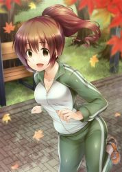 Rule 34 | 1girl, :d, absurdres, artist request, autumn leaves, breasts, brown eyes, brown hair, cleavage, collarbone, floating hair, green pants, gym uniform, hair between eyes, highres, long hair, medium breasts, open mouth, original, outdoors, pants, partially unzipped, ponytail, running, smile, solo, white legwear