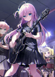 Rule 34 | 3girls, absurdres, ahoge, black shirt, blonde hair, blue eyes, bocchi the rock!, chromatic aberration, commentary request, crossed bangs, cube hair ornament, drum, drum set, electric guitar, film grain, gibson les paul, glint, gotoh hitori, green eyes, grey skirt, guitar, hair between eyes, hair ornament, highres, holding, holding instrument, ijichi nijika, instrument, kita ikuyo, long hair, looking at another, midori matsukaze, multiple girls, music, one side up, orange eyes, pink hair, playing instrument, pleated skirt, red hair, resolution mismatch, shirt, short sleeves, sidelocks, skirt, source smaller, standing, sweat