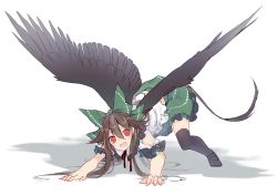 Rule 34 | 1girl, :d, all fours, bad id, bad pixiv id, black footwear, black thighhighs, black wings, bow, brown hair, check commentary, clothing cutout, commentary request, feathered wings, frilled skirt, frilled sleeves, frills, full body, green bow, green skirt, griffin, hair between eyes, hair bow, highres, looking at viewer, mary janes, miniskirt, open mouth, puffy short sleeves, puffy sleeves, red eyes, reiuji utsuho, shadow, shirt, shoes, short sleeves, shoulder cutout, sidelocks, skirt, smile, solo, tail, thighhighs, top-down bottom-up, touhou, toutenkou, white background, white shirt, wings, zettai ryouiki