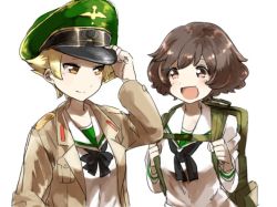 Rule 34 | 10s, adjusting clothes, adjusting headwear, akiyama yukari, backpack, bag, black bow, blonde hair, blouse, bow, brown eyes, brown jacket, closed mouth, commentary, erwin (girls und panzer), girls und panzer, goggles, goggles on headwear, green hat, hat, jacket, light smile, long sleeves, looking at another, military, military hat, military jacket, military uniform, miyamoto (36cstll), ooarai school uniform, open clothes, open jacket, open mouth, peaked cap, pointy hair, school uniform, serafuku, shirt, short hair, simple background, smile, standing, uniform, upper body, white background, white shirt