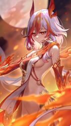 Rule 34 | 1girl, animal hands, bare shoulders, bottomless, breasts, chinese clothes, closed mouth, detached sleeves, elbow gloves, eyeliner, fire, fu hua, fu hua (garuda), gloves, hair between eyes, highres, honkai (series), honkai impact 3rd, long hair, low-tied long hair, low twintails, makeup, medium breasts, multicolored hair, navel, night, pussy, red eyeliner, red eyes, red gloves, red hair, red rope, red scales, rope, scales, sideboob, stomach, streaked hair, symbol-shaped pupils, twintails, two-tone hair, very long hair, white hair, yelan xing xuan, yellow pupils