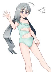 Rule 34 | 1girl, absurdres, ahoge, clothing cutout, dated, flat chest, frilled one-piece swimsuit, frilled swimsuit, frills, green one-piece swimsuit, grey eyes, grey hair, hair between eyes, highres, kantai collection, kiyoshimo (kancolle), long hair, looking at viewer, low twintails, maru (marg0613), navel cutout, one-hour drawing challenge, one-piece swimsuit, simple background, single-shoulder one-piece swimsuit, smile, solo, swimsuit, twintails, twitter username, very long hair, waving, white background