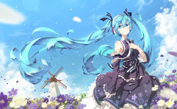 Rule 34 | 1girl, aqua eyes, aqua hair, cloud, day, detached sleeves, dress, field, floating hair, flower, flower field, frilled sleeves, frills, glint, hair ribbon, hand on own chest, hatsune miku, headphones, holding, layered dress, linfi-muu, long hair, long sleeves, microphone, motion blur, necktie, outdoors, petals, revision, ribbon, sky, smile, solo, twintails, very long hair, vocaloid, white necktie, wind, windmill