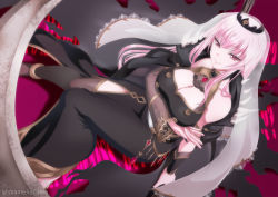 Rule 34 | 1girl, belt, black dress, black nails, breasts, capelet, cleavage, detached sleeves, dress, head tilt, highres, holding, hololive, hololive english, large breasts, crossed legs, long hair, looking at viewer, mori calliope, nail polish, pink eyes, pink hair, scythe, sitting, smile, solo, tiara, veil, virtual youtuber, yukisame