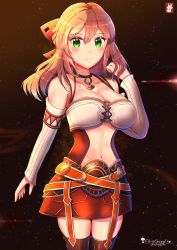 Rule 34 | 1girl, black thighhighs, blonde hair, breasts, chinchongcha, cleavage, detached sleeves, fiora (xenoblade), garter straps, green eyes, highres, jewelry, large breasts, long hair, looking at viewer, navel, necklace, nintendo, sky, standing, star (sky), starry sky, strapless, tagme, thighhighs, tube top, xenoblade chronicles (series), zettai ryouiki