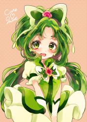 Rule 34 | 00s, 1girl, :d, akimoto komachi, brooch, butterfly hair ornament, character name, cowboy shot, cure mint, eyebrows, green eyes, green hair, green theme, hair ornament, heart, heart in eye, jewelry, long hair, looking at viewer, magical girl, matching hair/eyes, open mouth, pink background, polka dot, polka dot background, precure, skirt, smile, solo, symbol in eye, thick eyebrows, twintails, uzuki aki, v arms, white skirt, yes! precure 5, yes! precure 5 gogo!
