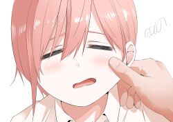 Rule 34 | 1girl, = =, blush, cheek pull, close-up, closed eyes, collared shirt, commentary, eyebrows hidden by hair, go-toubun no hanayome, hair between eyes, highres, lips, mame1645, nakano ichika, open mouth, pink hair, pov, pov hands, shirt, short hair, simple background, sleepy, solo focus, squiggle, white background, white shirt