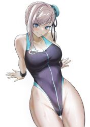 Rule 34 | 1girl, absurdres, bare shoulders, beach, black one-piece swimsuit, blue eyes, blue one-piece swimsuit, blush, breasts, bun cover, cleavage, collarbone, fate/grand order, fate (series), hair bun, hair ribbon, highleg, highleg swimsuit, highres, kugiseiichi, large breasts, long hair, looking at viewer, miyamoto musashi (fate), miyamoto musashi (fate/grand order), miyamoto musashi (swimsuit berserker) (fate), miyamoto musashi (swimsuit berserker) (first ascension) (fate), one-piece swimsuit, pink hair, ribbon, simple background, single side bun, smile, swept bangs, swimsuit, thighs, two-tone swimsuit, white background