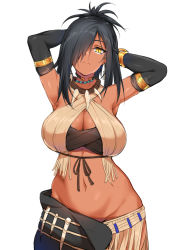 Rule 34 | 1girl, absurdres, armpits, arms up, black gloves, black hair, breasts, chixiao, dark-skinned female, dark skin, elbow gloves, eyebrows hidden by hair, gloves, hair between eyes, highres, long hair, looking at viewer, mabinogi, shamala, simple background, skirt, sleeveless, solo, stomach, white background, yellow eyes