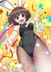 Rule 34 | 10s, 1girl, akiyama yukari, animal ears, arm up, bare shoulders, bird, black leotard, blush, breasts, brown eyes, brown hair, commentary request, confetti, covered navel, detached collar, fake animal ears, fishnet pantyhose, fishnets, from below, girls und panzer, gluteal fold, highres, legs together, leotard, looking at viewer, medium breasts, messy hair, open mouth, pantyhose, playboy bunny, rabbit ears, shiina excel, short hair, solo, standing, strapless, strapless leotard, wrist cuffs