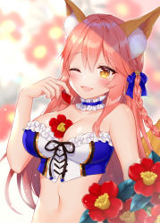 Rule 34 | 1girl, ;d, animal ear fluff, animal ears, bare arms, bare shoulders, between breasts, blue shirt, blurry, bow, braid, breasts, choker, cleavage, commentary request, crop top, depth of field, fate/grand order, fate (series), flower, fox ears, frilled choker, frills, hair bow, hand up, large breasts, long hair, looking at viewer, midriff, nail polish, naomi (fantasia), navel, one eye closed, open mouth, orange eyes, pink hair, red flower, shirt, sleeveless, sleeveless shirt, smile, solo, strapless, tamamo (fate), tamamo no mae (fate/extra), upper body