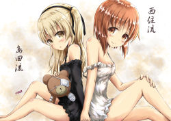 Rule 34 | 10s, 2girls, artist name, black ribbon, boko (girls und panzer), braid, breasts, brown eyes, brown hair, cast, chemise, cleavage, closed mouth, commentary request, eyepatch, from side, girls und panzer, hair ribbon, hand on leg, holding, holding hands, light brown hair, lingerie, long hair, looking at viewer, medium breasts, multiple girls, nishizumi miho, off shoulder, parted lips, ribbon, saz (sazin764), shimada arisu, short hair, side braid, signature, sitting, smile, translated, underwear