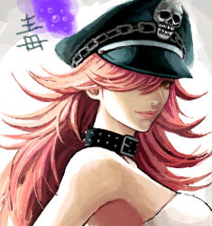 Rule 34 | 1girl, bare shoulders, breasts, collar, final fight, hair over one eye, hat, hiro1984, lips, long hair, lowres, nose, oekaki, peaked cap, pink eyes, pink hair, poison (final fight), solo, studded collar
